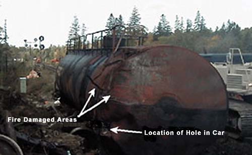 Figure 5 - Fire damage and hole to A end (non-hand brake end) of car PROX 81179