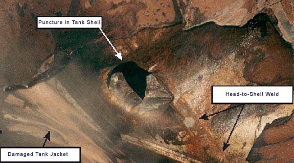 Figure 7 - Hole in shell at AR location on anhydrous ammonia tank car PROX 81179